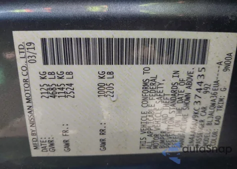 2019 Nissan Maxima 3.5 S из США, поврежденный, VIN 1N4AA6AV9KC374435